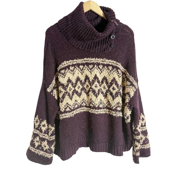 Free People Brown Fair Isle Split Turtleneck Wool Knit Winter Sweater M - Picture 2 of 8